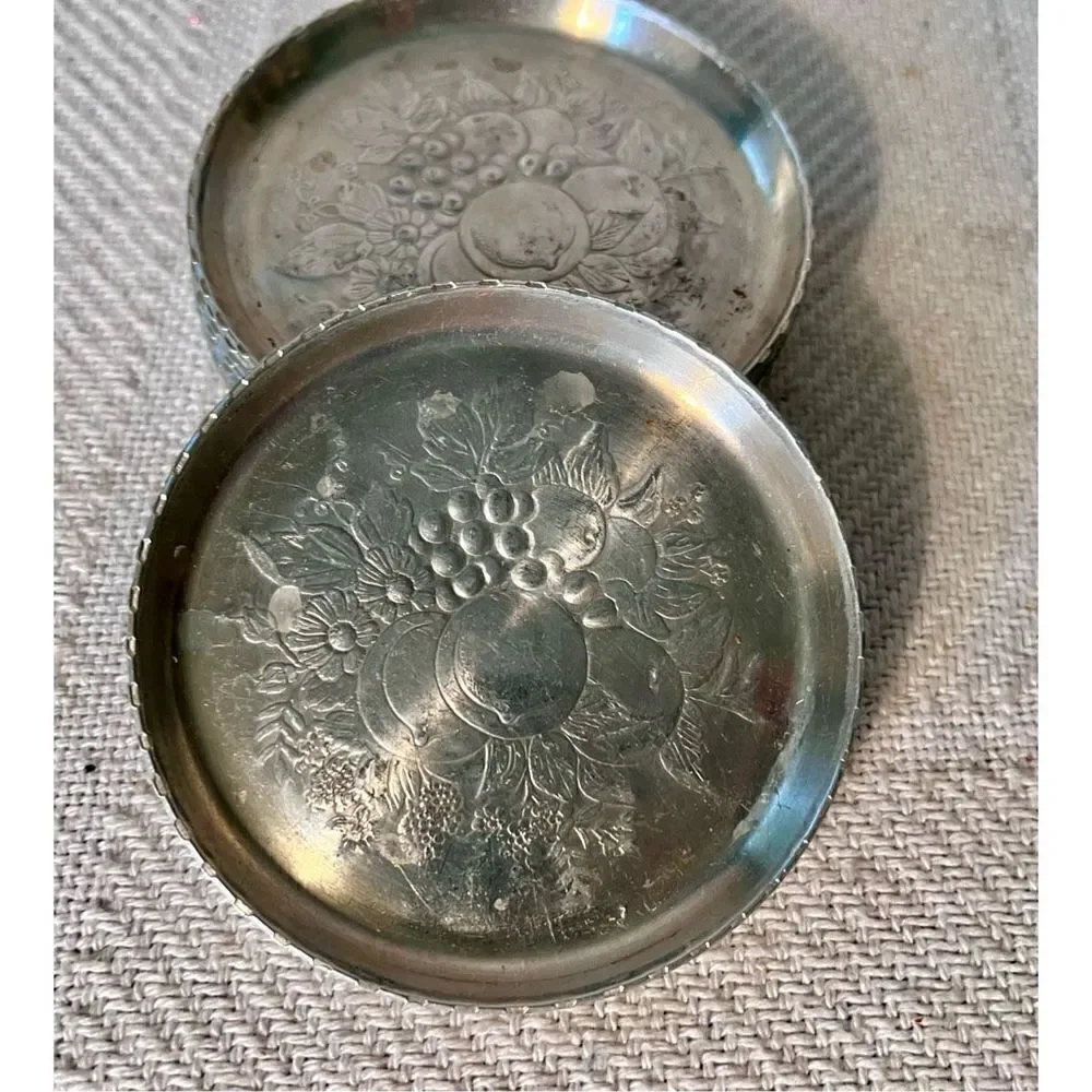 8 Vintage Metal Aluminum Forged Coasters Fruit Flower Pattern Scallop Edge Retro